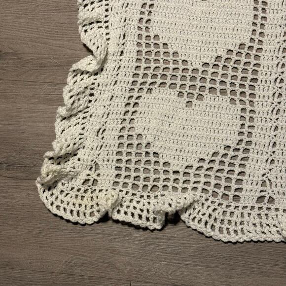 Vintage Handmade Crochet Heart Afghan Throw Blanket White/Shimmer LaceEdge 52x34 - Picture 6 of 12